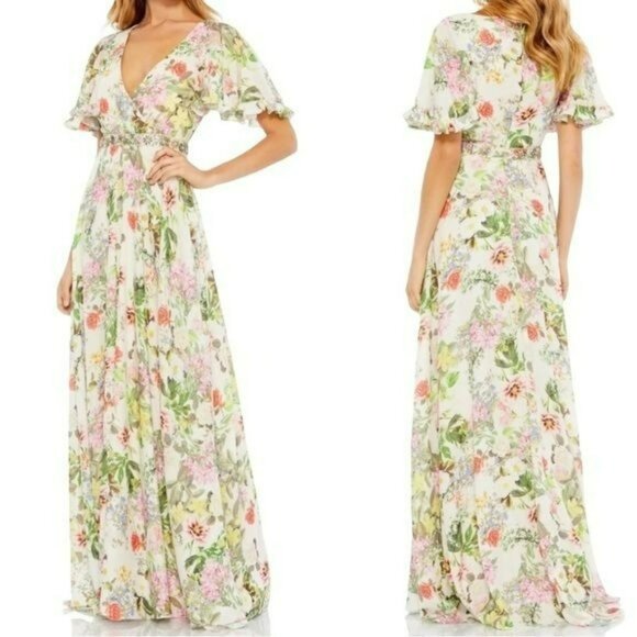 Mac Duggal Dresses & Skirts - Mac Duggal Floral Beaded Flutter Sleeve Formal Gown Long Maxi Dress NWT Size 4